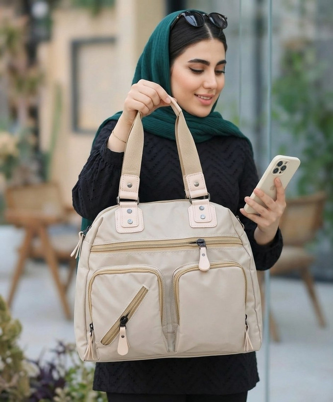 کیف زنانه دستی و دوشی مدل جلو دوجیب جنس پارچهای ضدآب