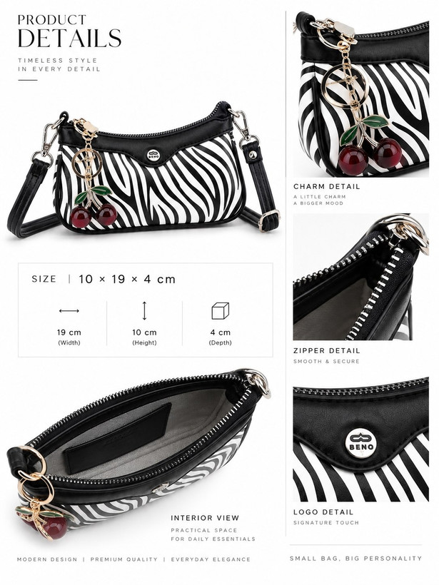 کیف دخترانه دوشی پاسپورتی مدل زبرا Zebra جنس چرم مصنوعی خارجی برند بنو Beno همراه با آویز گیلاس