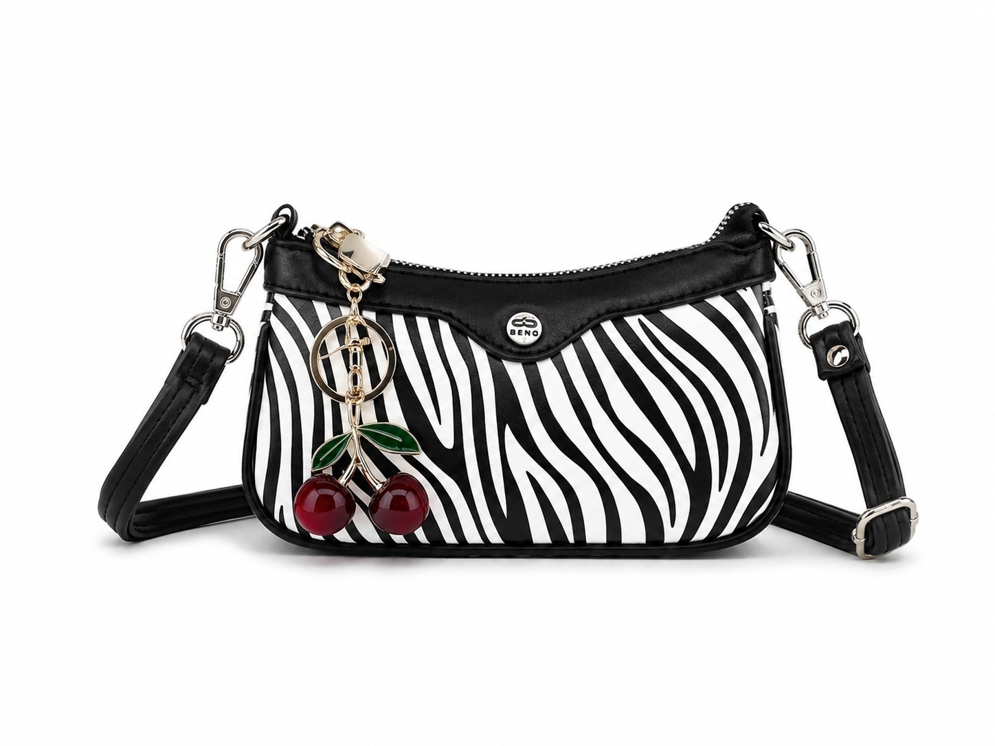 کیف دخترانه دوشی پاسپورتی مدل زبرا Zebra جنس چرم مصنوعی خارجی برند بنو Beno همراه با آویز گیلاس